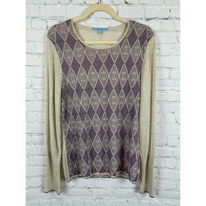 ANTONIO MELANI violet beige knit collarless top pullover long sleeve sweater L
